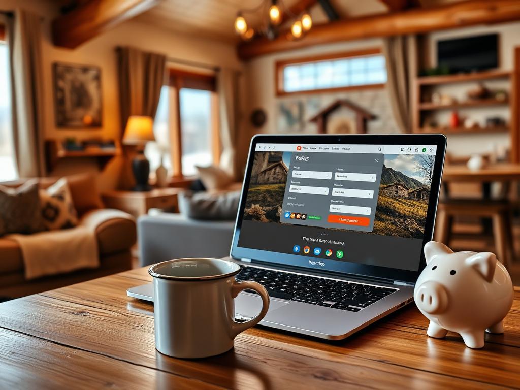 Laptop showing direct booking website with piggy bank savings