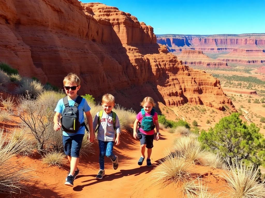 Family hiking together on a red rock trail near Fruita Colorado