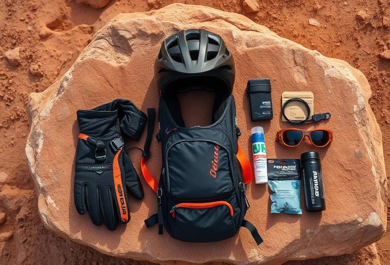 Mountain biking gear laid out on desert rock