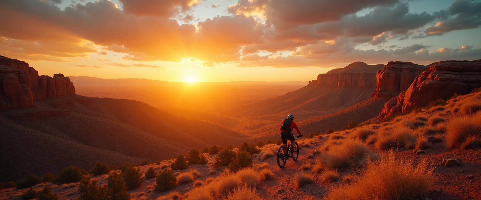 Mountain biker riding through Fruita desert landscape at sunset