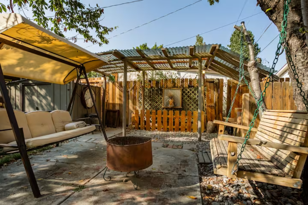 Backyard swings and fire pit